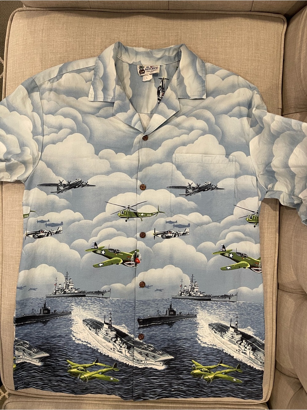Aloha Republic Pacific Operations Hawaiian shirt World War II military Men’s L